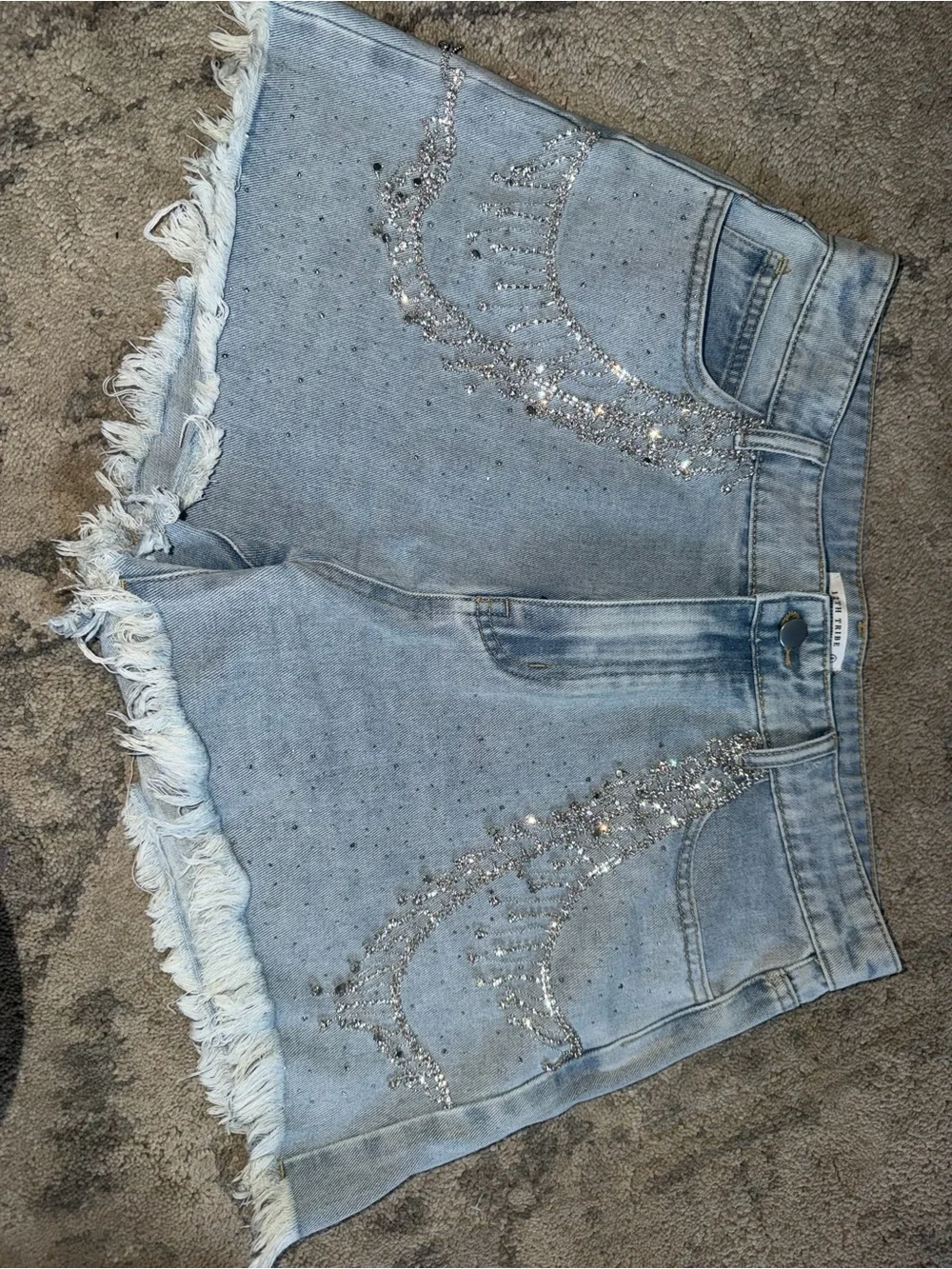 12th Tribe Light Blue Embellished Frayed Hem Denim Shorts